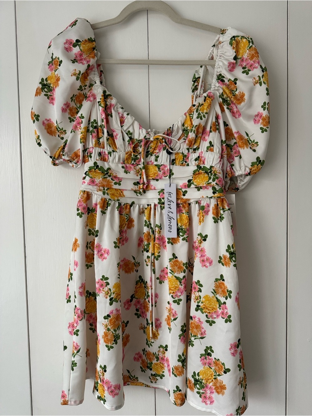 For Love And Lemons White Floral Puff Sleeve Mini Dress